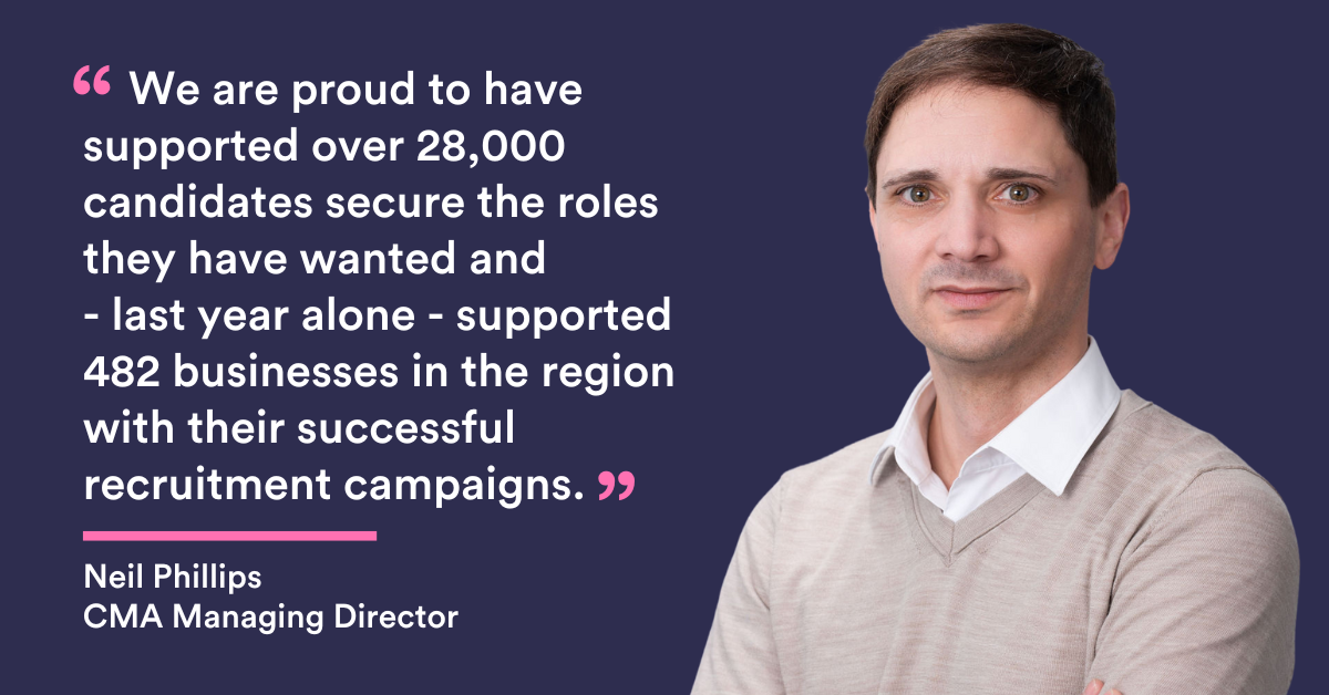 We are proud to have supported over 28,000 candidates secure the roles they have wanted and - last year alone - supported 482 businesses in the region with their successful recruitment campaigns - CMA Recruitment Group