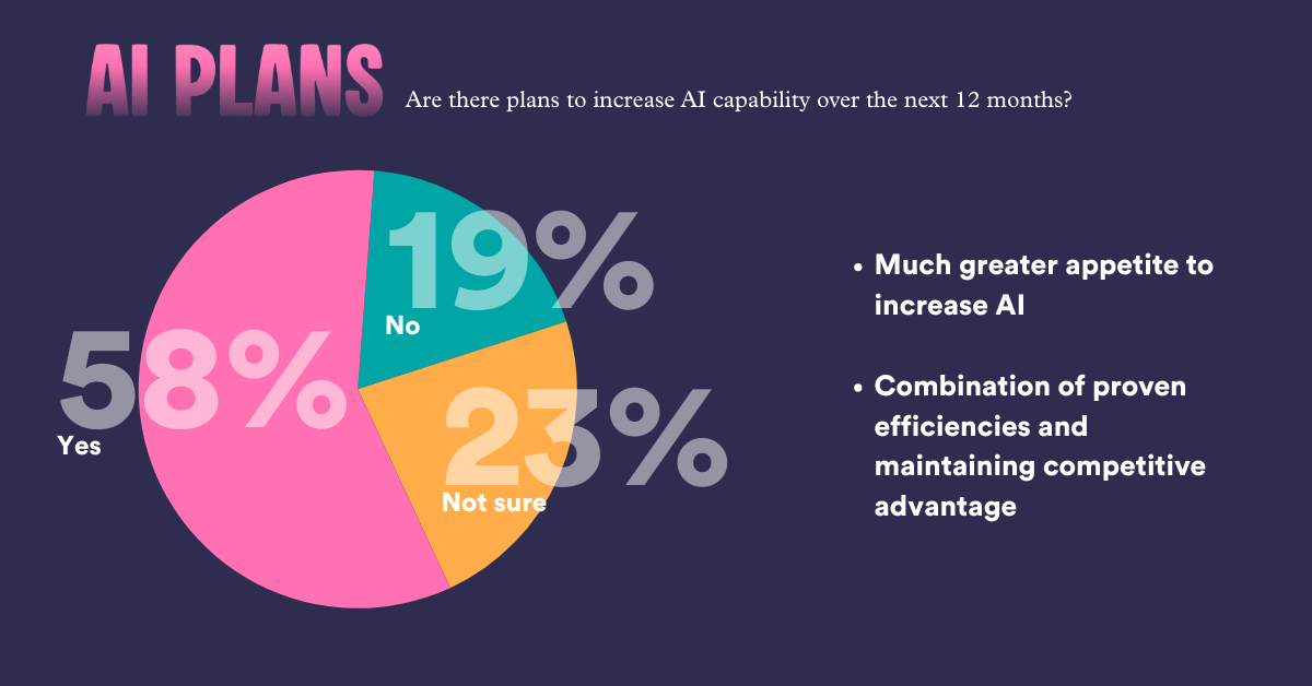 AI plans Much greater appetite to increase AI Combination of proven efficiencies and maintaining competitive advantage